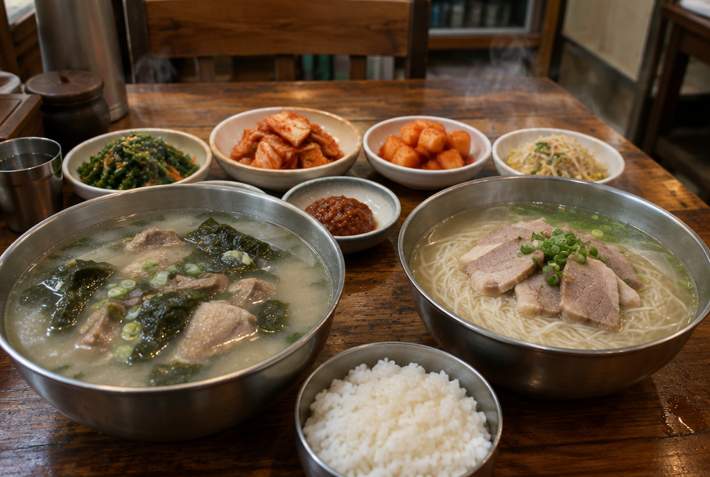 A humble restaurant table with a cloudy pork-bone seaweed soup, a bowl of noodle soup topped with sliced pork, rice, and small side dishes, steam rising from the bowls