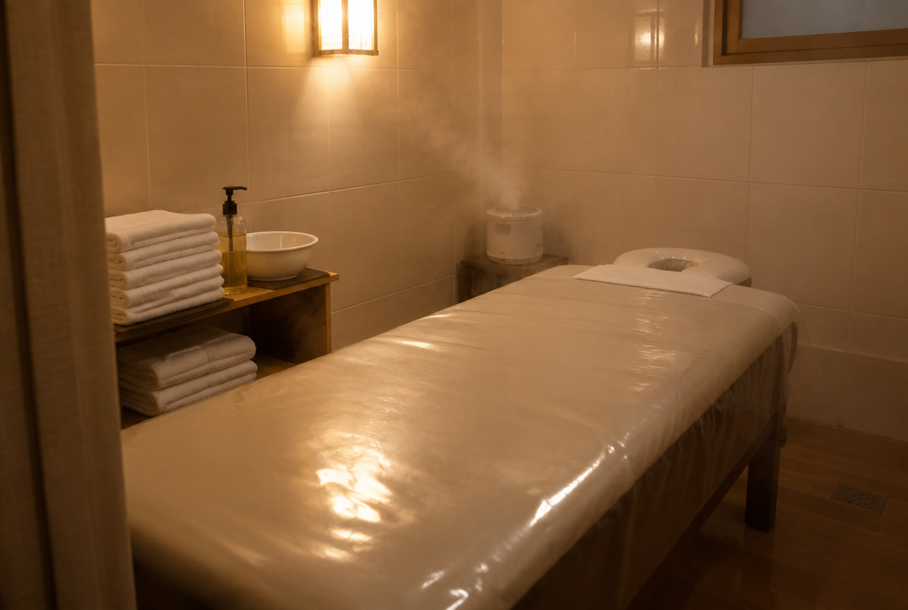 A small private Korean body-scrub treatment room with a vinyl-covered massage table, folded white towels, and pale tiled walls, softly lit with faint steam in the air.