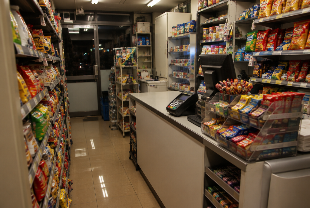 The checkout counter area of a small, narrow Korean convenience store at night, with tightly packed snack shelves and warm fluorescent lighting.