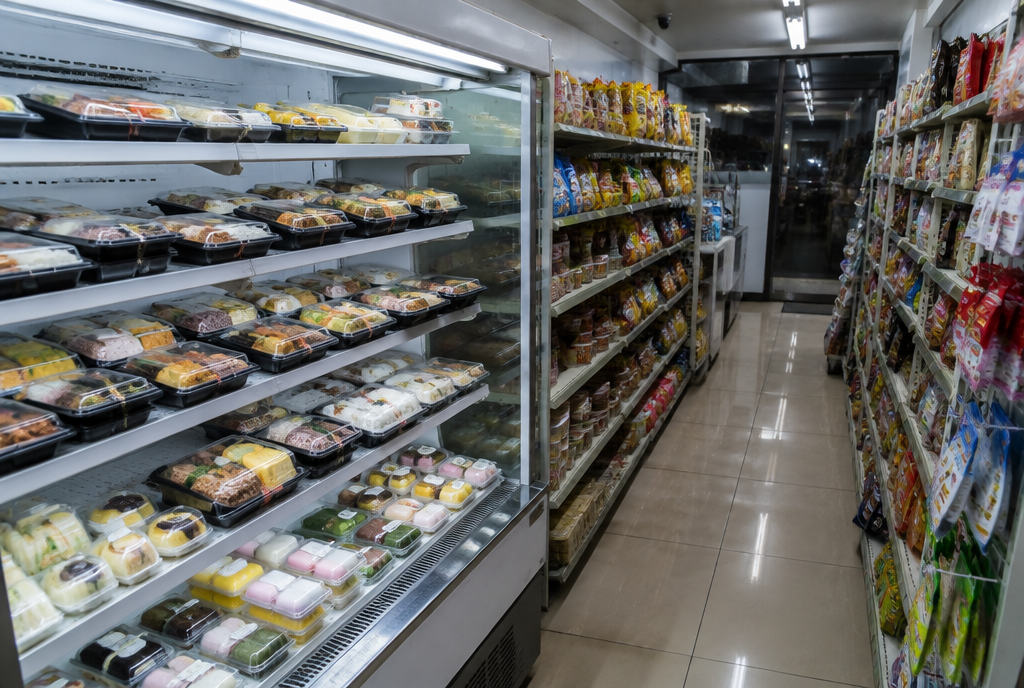 A refrigerated display case filled with neatly stacked ready-meal bento boxes and small rice-cake dessert trays inside a narrow, dimly lit convenience store aisle.