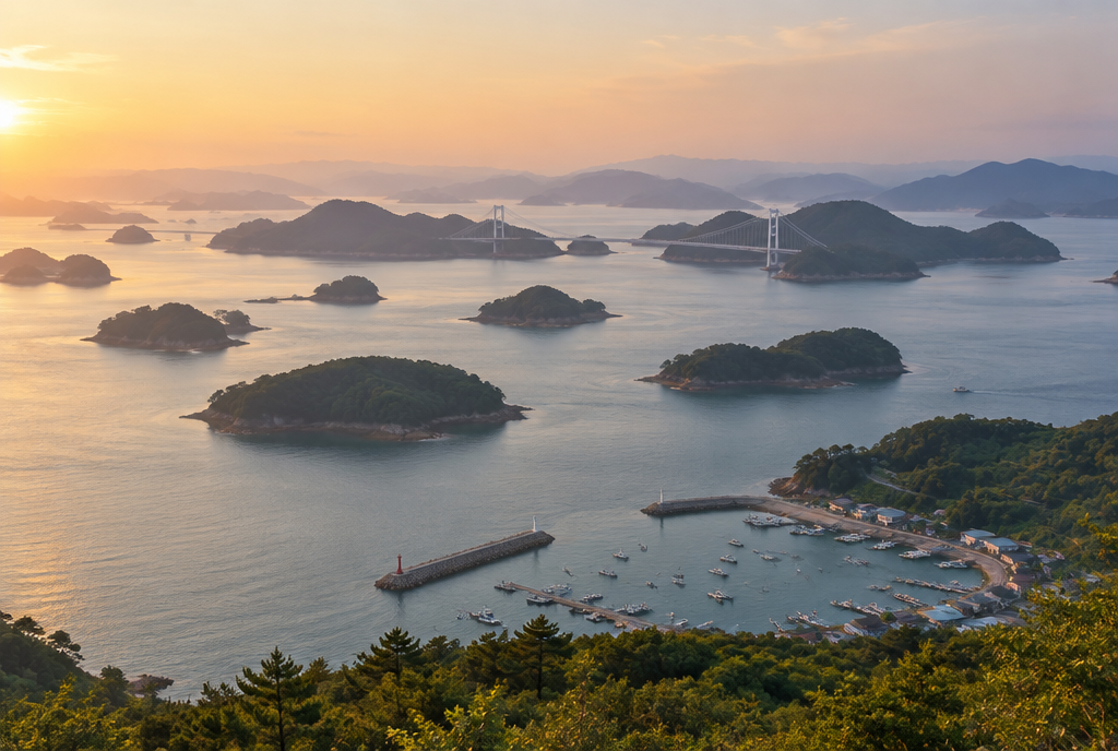 A golden-hour view over dozens of small forested islands scattered across a calm sea on Korea's southern coast, with a suspension bridge and a small fishing harbour below