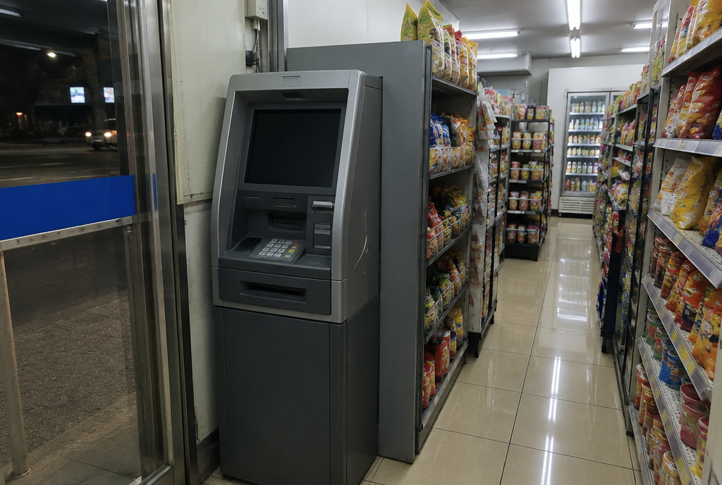 A compact ATM machine tucked into a narrow corner of a small convenience store, with snack shelves and fluorescent lighting in the background