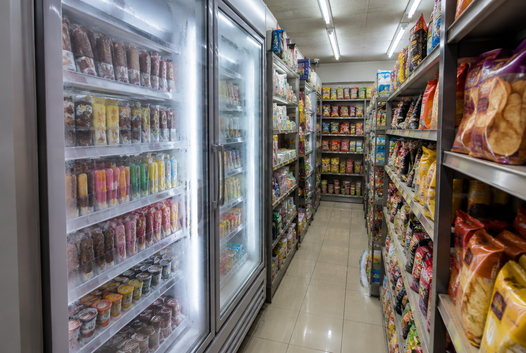A tall glass-door freezer packed with rows of ice cream bars inside a narrow, cramped small Korean convenience store aisle