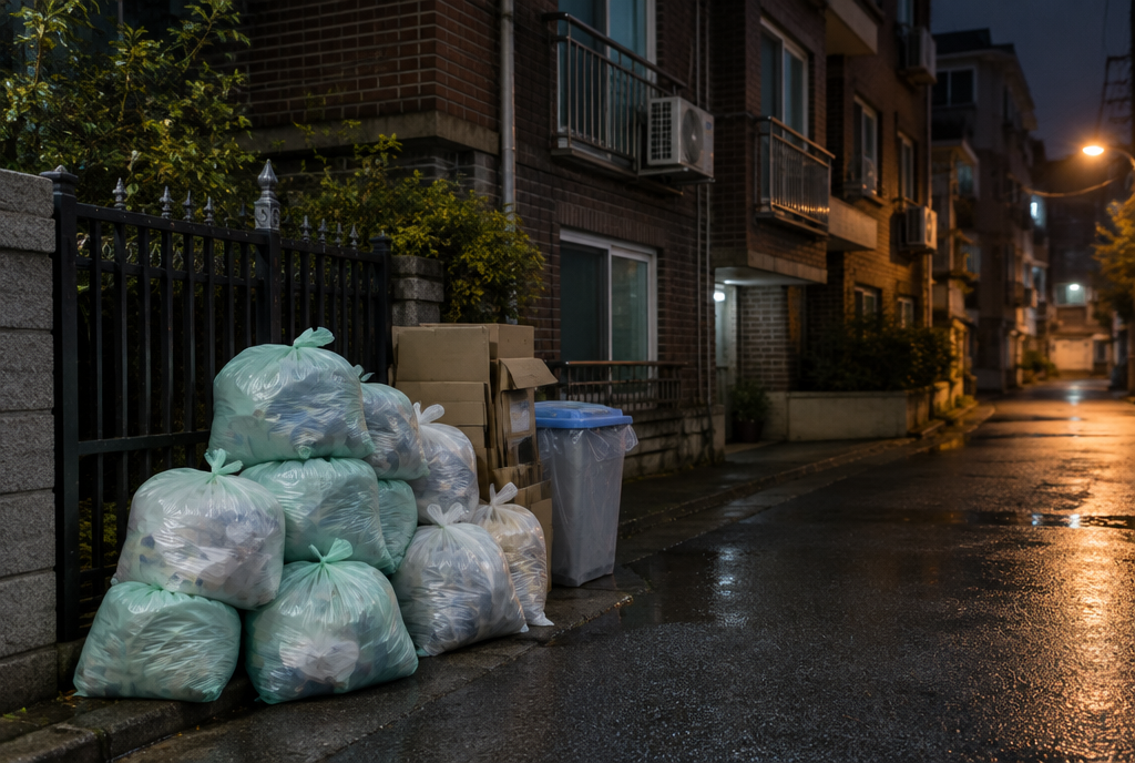 Neatly stacked pastel-colored pay-as-you-throw garbage bags piled at the edge of a quiet residential alley at night