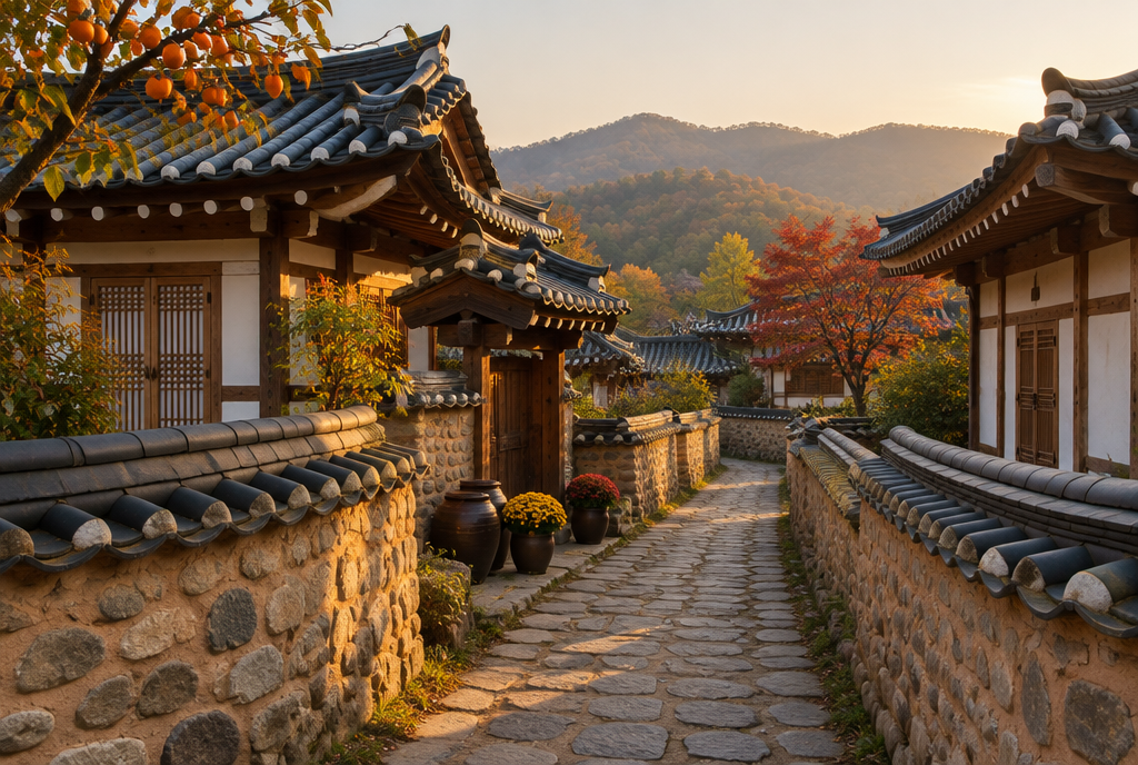 A stone-walled lane between traditional Korean hanok houses with dark tiled roofs, lit by late-afternoon sun