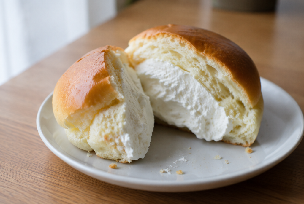 A soft milk bread roll sliced open on a white plate, revealing thick whipped cream filling oozing from the center