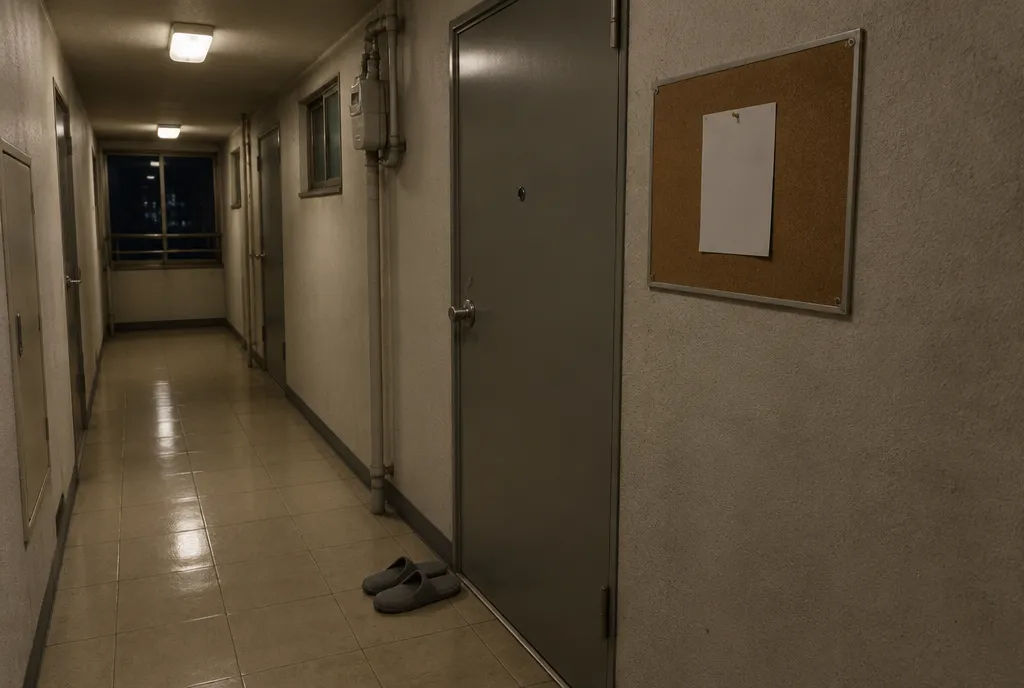 A narrow Korean apartment hallway at night with a blank notice pinned to a small corkboard beside a steel door and a pair of slippers left outside.