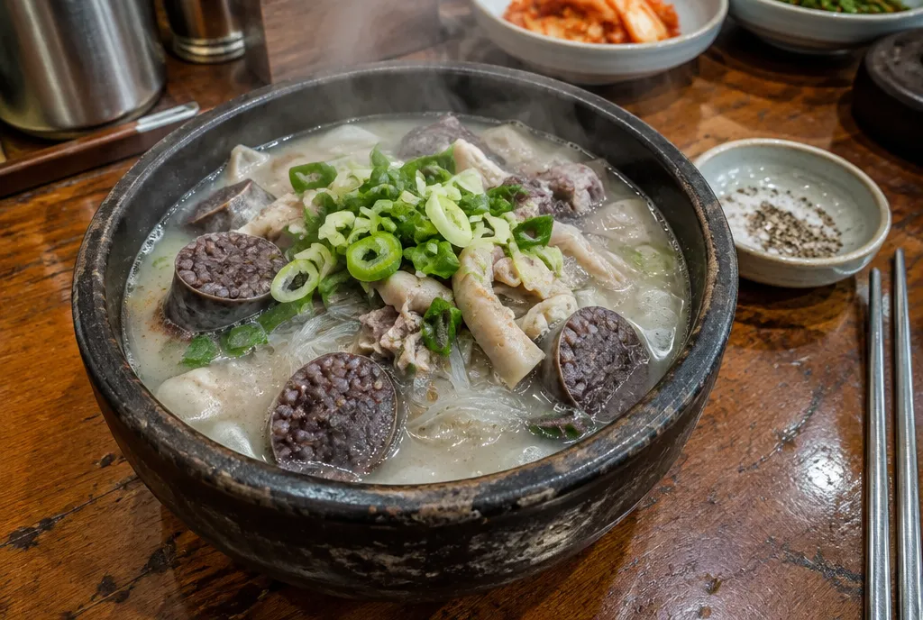 A steaming bowl of Korean blood-sausage soup with a pale creamy broth, filled with sliced sundae, tripe, and glass noodles, topped with scallions, on a worn wooden restaurant table.