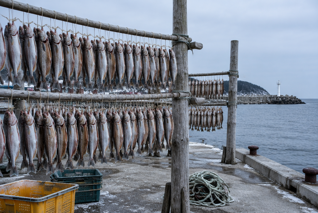 Rows of whole fish hanging to dry on wooden racks at a small Korean coastal fishing harbor under a cold overcast winter sky, with the sea in the background.